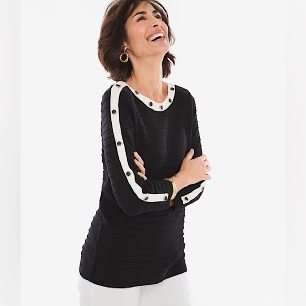 Chico’s Contrast Button Detail Black Pullover Sweater L 16-18 New